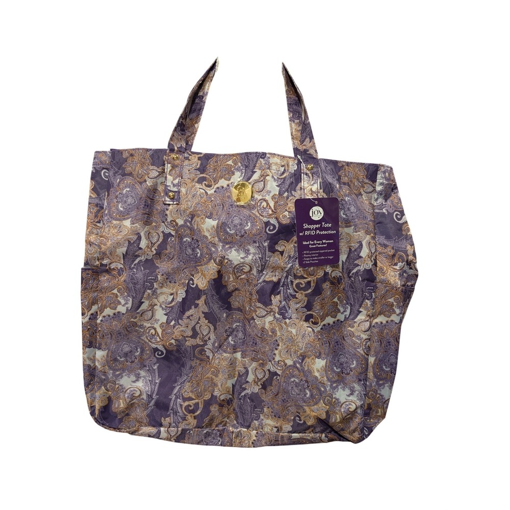 Joy Mangano Shopper Tote NWT RFID Protection Purple Gold Paisley Travel Bag